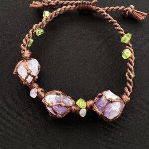 Handcrafted Amethyst and Green Gemstone Adjustable Bracelet